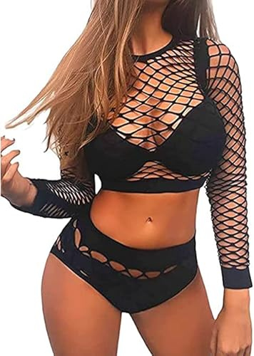 VicSec Femme avec Dentelle Tulle Manches Longues Moulant Haut Top Sexy Slim Elégant Noir Invisibles Rafraîchissantes Femme Sans Couture Filet Femmes-Maille Erotique Accessoire