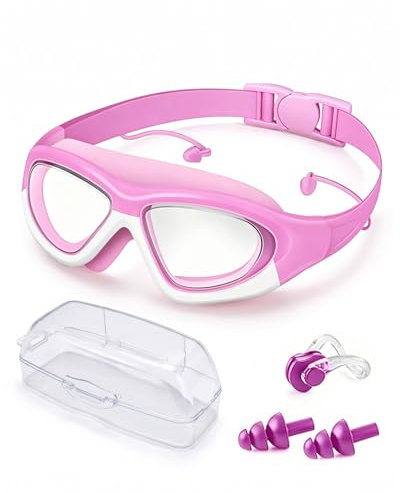Victoper Kids Swimming Goggles for Children Girls Boys Big Frame Wide-Vision,Swimming Goggles Kids 6-14 No Leaking Anti-Fog Lens and UV Protection with FREE Case,Nose Clip Ear Plugs,Pink