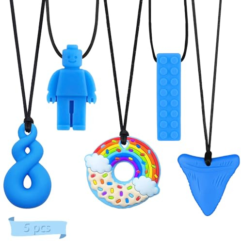 WanderGo 5 collane sensoriali da masticare, giocattoli da masticare blu per bambini autistici, ansia, bisogni morsi in silicone masticabile, giocattolo per dentizione in silicone per uso alimentare