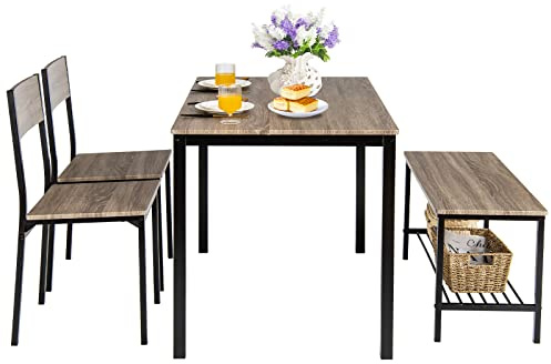 COSTWAY Set Tavolo e Sedie da Cucina 4 Pezzi, Tavolo da Pranzo con 2 Sedie e 1 Panca, Set Mobili da Cucina Salvaspazio con 4 Posti, per Sala da Pranzo e Soggiorno (Rovere grigio)