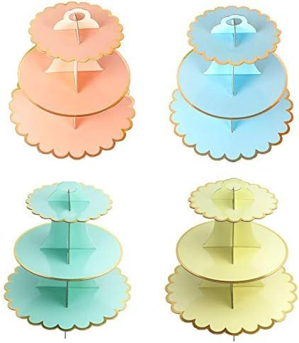 3-Tier Cupcake Stand MEETOZ 4 Pack Round Cardboard Foldable Cake Rack Holder,Can hold 24 cupcakes,Reusable Pastry Serving Platter Food Display, Birthday Wedding Special Event Decoration (Style A)