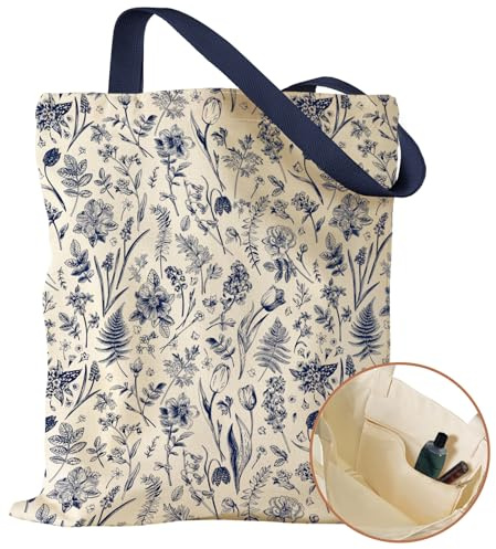 Miss Adola Canvas Tote Bag for Women with Inner Pocket, Blue Line Flower