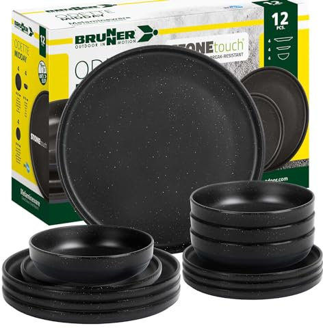BRUNNER: Melamin Geschirr-Set Camping | 12-Teilig - Teller & Schüsseln für 2-4 Personen | Midday ODETTE - Stapelbar, Kratzfest