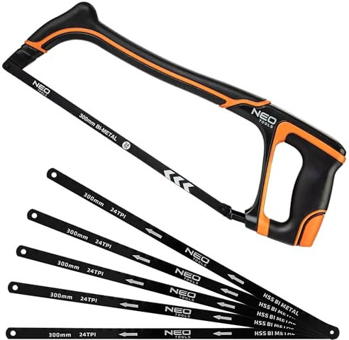 NEO TOOLS Metallsäge 300 mm aus Aluminium mit 10 HSS Bi Metal 24 TPI Austauschbarer Klinge - 45°/ 90° - Eisensäge für Metall & Stahl - Aluminium-Sägebogen, Sägeblatt für Metall