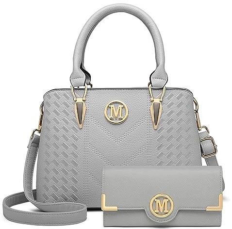 Miss Lulu Handbag for Women with Purse Set, Black Top Handle Bag with M Logo Shoulder Bag PU Leather, Golden Hardware