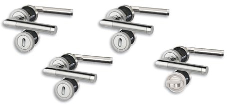 Rosettengarnitur V Türbeschlag im 4er Set, Edelstahl poliert/satiniert für 3 Zimmertüren mit Buntbartlochung und 1 Bad-WC-Tür, Cliprosette Ø52mm, Türklinke, Türgriff