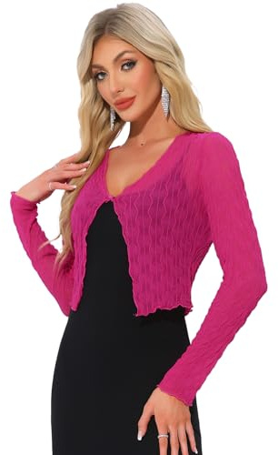 Allegra K Bolero Shrug for Women's Sheer Mesh Tie Front Textured Crop Shrug for Evening Dresses Hot Pink L