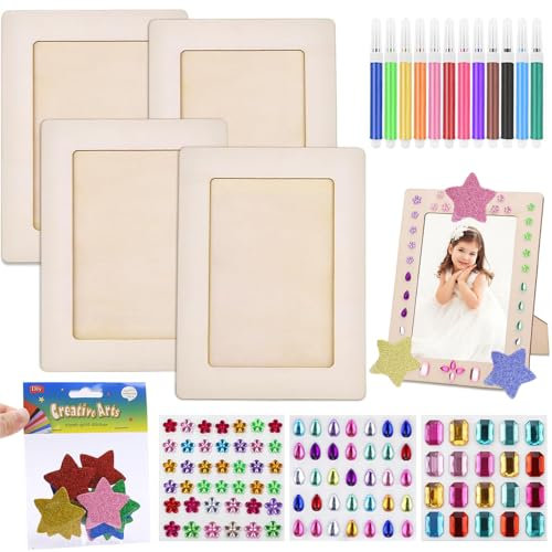 Picture Frame Painting Craft Kit, 4 PCS Picture Frame Craft Set, DIY Wooden Photo Frames with Glitter Stickers and Color Pens Craft Frame Set for Father Day Gift Paint and Decorate