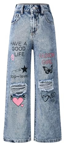 Happy Cherry Fille Déchiré Jeans Baggy Large Pantalon en Denim Taille Élastiquée Y2K Jean Kpop Droit pour Enfants 7-8 Ans