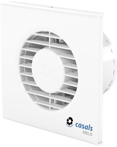 ERELIS · Extractor de baño y cocina Casals para conducto de diámetro Ø120mm · Delgado, silencioso, con compuerta antirretorno e IPX4 · Para pared o techo · Funciona con el interruptor de luz.