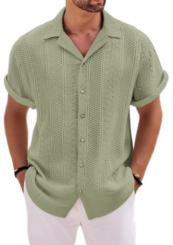 Duohropke Camisa de punto para hombre de manga corta, polo con botones, retro, camisa informal de verano, camisa de playa, holgada, camisa hawaiana, transpirable, camisa de verano vintage