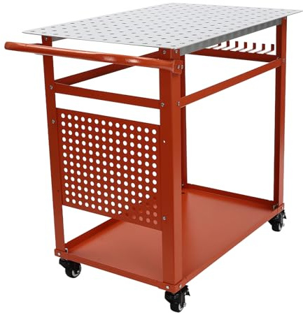 Svetsbord mobil arbetsbänk, svetsbord med 4 universella hjul, dubbla förvaringsytor, 272 kg lastkapacitet, hål diameter 16 mm, 91,44 x 61 x 91,44 cm, röd