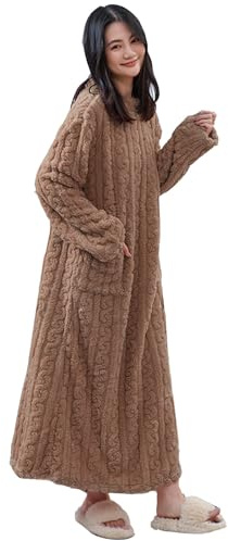Dammorgonrockar teddy fleece – långärmad husklänning för kvinnor – långärmad nattlinne med fickor nattlinne plus size komfort handduk rock mjuk varm flanell fleece badrock, Khaki, one size