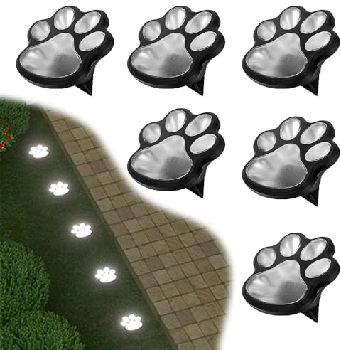 SKIKHN 6 Paquetes Luces Solares LED Exterior Jardin Suelo,Luces Solares con Forma de Huella de Pata,Luz Impermeable para Jardín, Patio, Patio, Camino,Luz blanca fría
