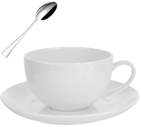 YUNSHI CERAMICS Pure White Bone China Coffee Cup, Afternoon Tea Cup with Saucer and Spoon, White Classic Cup for Latte Espresso, Nice Cup for Latte Art (Medium Size- Cup with Saucer)