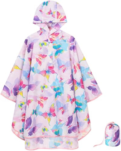 WAWSAM Kids Poncho Waterproof - Butterfly Rain Poncho for Girls - Lightweight Hooded Raincoat with Storage Bag - Portable Rainwear for School & Travel