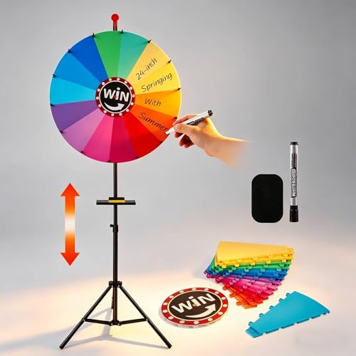 VeftBltrem lyckohjul (61 cm) med 14 färger och höjdjusterbart stativ (110–160 cm), lyckohjul köp med markör och suddgummi, roterande prishjul för fester, pub, mässor och marknader