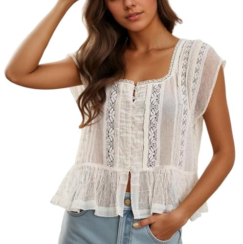 Blusa de Manga Corta con Volantes y Lazo para Mujer, Estilo Bohemio, Transparente, Holgada, Encaje Ojales, Ropa Mujer Verano Camiseta Blanca Manga Larga Tank Top T Shirt