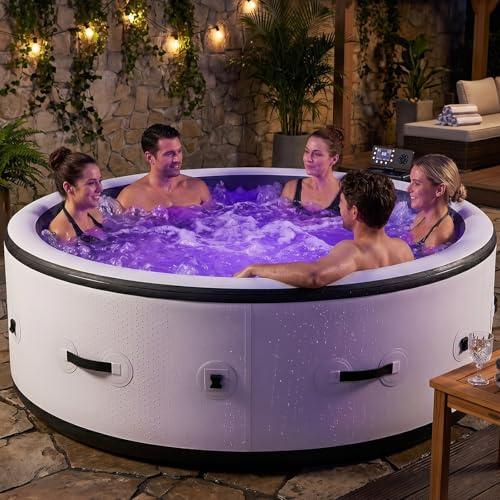 Uppblåsbart Spabad för 4-6 Personer 206 cm Bärbart Spabad med 150 Luftstrålar Lugnande Bubbelmassage 40℃ Justerbar Hållbar Rivsäker PVC Konstruktion Inkluderar Markduk L