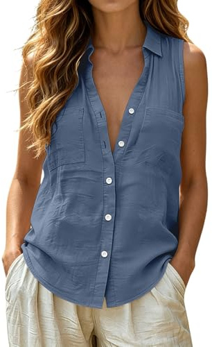 Generisch Camiseta sin mangas para mujer, elegante, sin mangas, cuello de solapa, blusa, blazer de algodón y lino, con botones, chaleco ligero, monocolor, blusa de lino para verano, para uso diario
