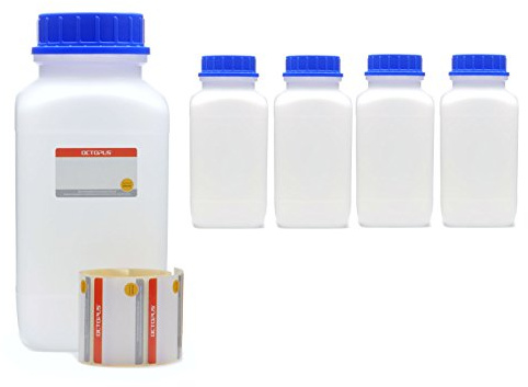 Octopus 5 x 2 500 ml breda halsflaskor med skruvlock, kemiska flaskor, laboratorieflaskor med lock som förvaringsbehållare för laboratorium, kök eller hobby
