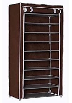 BAKAJI Scarpiera Armadio Salvaspazio 11 Ripiani 60x30x175cm Fino a 30 Paia di Scarpe Struttura Acciaio e Rivestimento in Tessuto TNT Impermeabile con Chiusura Zip Antipolvere (Marrone)