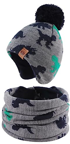 XIAOHAWANG Dinosaurio Bebé Sombrero Bufanda Conjunto Sombreros Invierno para Niño Niña Gorro Caliente Otoño 0-7 Años (Sombrero + Bufanda), 2-4 años