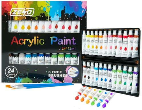ZENO Acrylic Paint Set of 24 Colour Tubes | with 3 Paint Brushes | For Canvas Wood Ceramic Fabric | Non-Toxic | Vibrant Pigments | For Adults & Kids