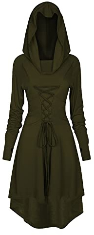 FSUJWOA Disfraz renacentista para Mujer, Vestido gótico, Vestido de Mujer Medieval renacentista con Capucha, Vestido de Halloween, Fiesta(Verde, 3XL)