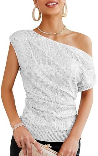 GRACE KARIN Top Donna con Paillettes One-Shoulder, Asimmetrico & Interamente Foderato, Outfit Festivo da Party, Argento/Bianco, XL