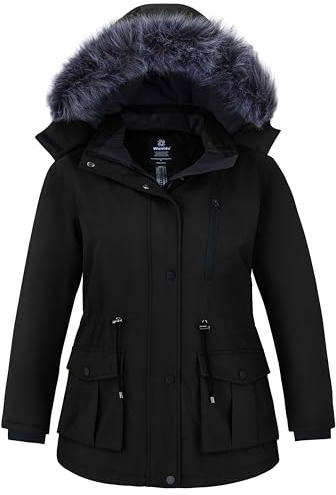 Wantdo Women's Plus Size Winter Coat Waterproof Puffer Jacket Warm Thicken Parka with Removable Hood Black 24-26