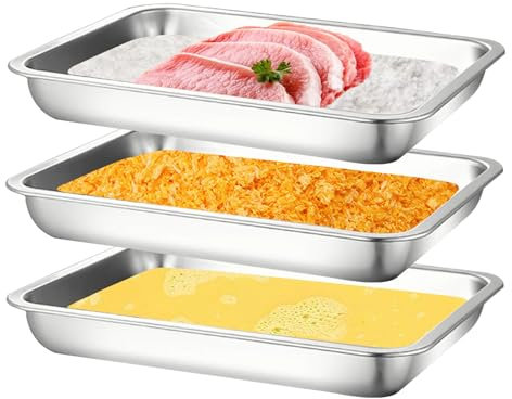 JMUSTTBO 3-teiliges Edelstahl-Brotschalen-Set, Panierschalen für Hähnchenbrust, Marinieren von Fleisch und Zubereitung von Mahlzeiten (26,4 x 19,6 x 4,8 cm)