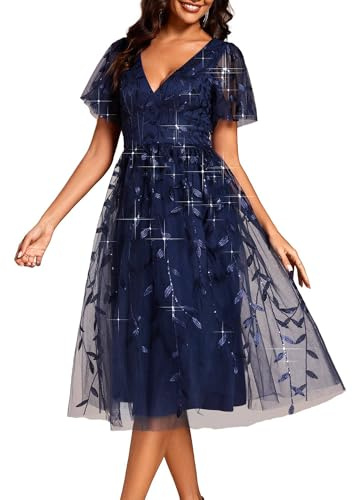 Ever-Pretty Robe Femme de Soirée Mi-Longue Paillettes Col V Manches Courtes Cocktail Mariage Bleu Marine 48
