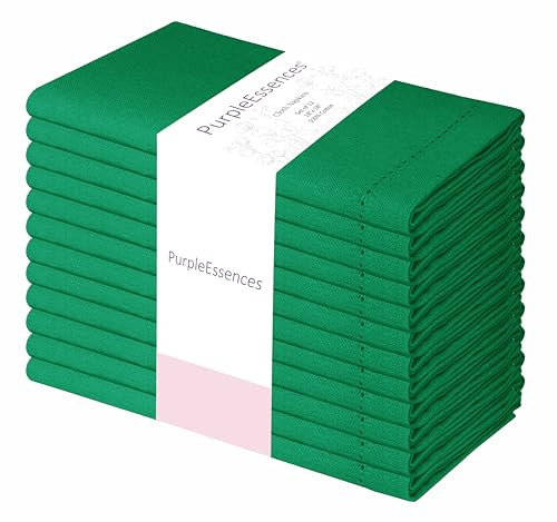 PurpleEssences Set of 12 Hemstitch Cloth Dinner Napkins 100% Cotton - Soft Durable Washable - Ideal for Wedding St Patricks Day - Perfect Everyday Use Table Linen 18x18 - St Patricks Green