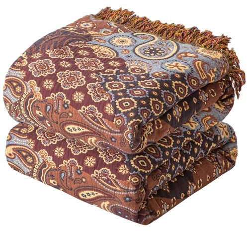 Bailix Coperta in 100% cotone, con nappe, 203 x 228 cm, super morbida, con stampa patchwork, decorativa, reversibile, per tutte le stagioni
