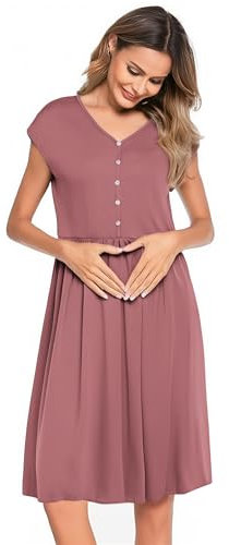 Weardear Stillnachthemd Damen Nachthemd mit Knöpfen Ärmellos Umstandskleid Nachthemden für Schwangere Rosa XL