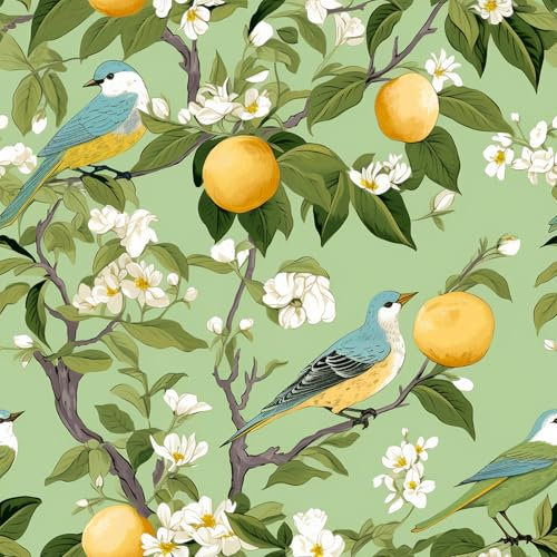 VEELIKE Selbstklebende Tapete Früchten Grün Vogel Fototapete Blumen Vintage 44.5 cm x 300 cm Entfernbare Chinoiserie Mustertapete Grünes Tapeten Wohnzimmer Badezimmer Klebefolie Küche Möbelfolie