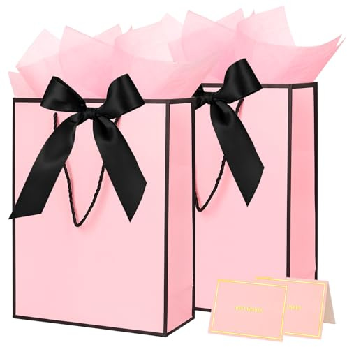 Gift Bags for Presents, 2 Pack Medium Paper Bags with Bow Ribbon Tissue Paper Cards Thank You Gift Bag with Handles for Graduation Holiday Birthday Shopping Bags(Pink,Black)