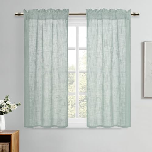 DWCN Rideaux Voilage Court Cuisine Gris-Vert 120 x 60 cm (H x l) Rideau Brise-Bise Intérieurs Translucides Style Lin Moderne pour Evier Placard Fenetre Chambre a Coucher Lot de 2