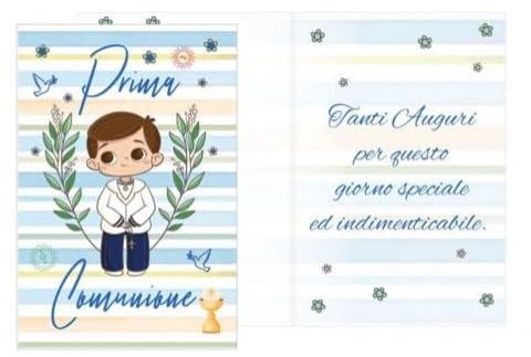 Dream' s Party Biglietto di Auguri Prima Comunione bimbo CELESTE - con foglie - finiture in BLU Lucido - biglietto augurale PORTASOLDI completo di busta
