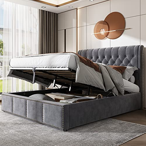 Laxnb Double Bed 4ft6 Upholstered Bed Ottoman Frame 135x190 cm with Hydraulic Storage, Double Bed with Rivet Decoration Headboard, Metal Bedframe with Wooden Slats, No Mattress, Velvet Grey