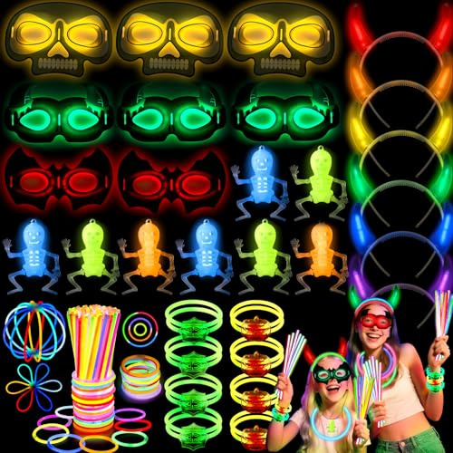 85 Pezzi Neon Party Sacchetti Regalo Compleanno Bambini Bastoncini Luminosi Fluorescenti Maschera Halloween Corna Diavolo Collana Starlight Teschio Teschio Ragnatela Zucca Bracciali Fluo