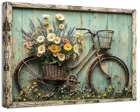 Alptiny väggbild med ram 30×40 cm – vintage cykel blommor och natur canvastavla för vardagsrum sovrum kök kontor – botaniskt tryck inkl. krokar, spikar och magiskt kardborrfäste – väggdekoration