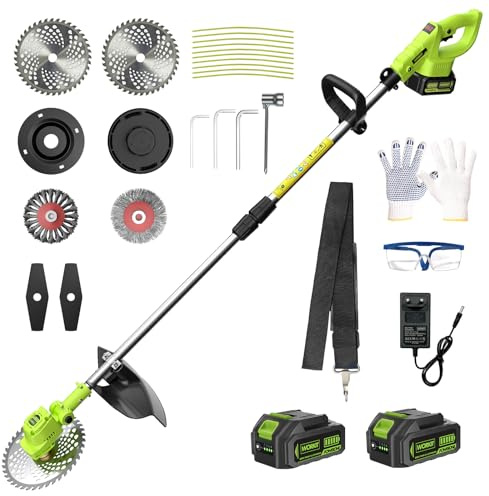WORKIT - Cortador de basura inalámbrico, desbrozadora con 2 baterías de 4,0 Ah y 4 tipos de cuchillas, motor sin escobillas de 20 V, ancho de corte 30 cm, para cuidado de césped, callejón y jardín