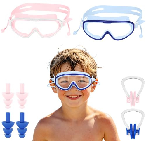DiULi 2PC Lunettes de Natation Enfant avec Bouchons d'Oreilles et Pince-Nez | Masque de Piscine Grand Cadre Anti-Buée, Joint Silicone Étanche,Protection UV,pour Garçons et Filles