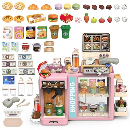 deAO 2-in-1 Pretend Play Coffee Shop & Supermarket Toy, Pink Shopping Store
