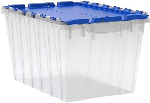 Akro-Mils KeepBox 12 Gallon Storage Container, Nesting and Stackable Plastic Storage Box with Lid Attached, Clear Tote for Garages, Closets, and Moving, 21-1/2 x 15 x 12-1/2, Clear/Blue