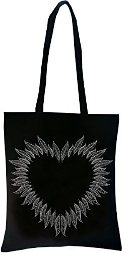 PREMYO Bolsa de la Compra Reutilizable Tela Bolso Tote Shopping Mujer Asas Largas Impresión Corazón de Plumas Práctico Cómodo Robusto Algodón Negro