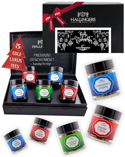 Hallingers Genuss Manufaktur Tee Geschenkset Weihnachten – 5 Sorten Premium loser Tee im Glas in edler Geschenkbox, veganes Tee Set Frohe Weihnachten WHITE Probierset, Geschenkidee für Frauen