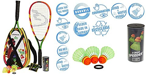Speedminton S600 Set, Gr&uumln/Gelb/rosa, One Size & Cross Speeder – 3er Pack Speed Badminton/Crossminton Outdoor Ball inkl. Windring